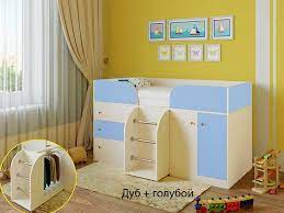 Кровать-чердак Малыш-4 Дуб молочный/Голубой в Алейске - alejsk.katalogmebeli.com | фото